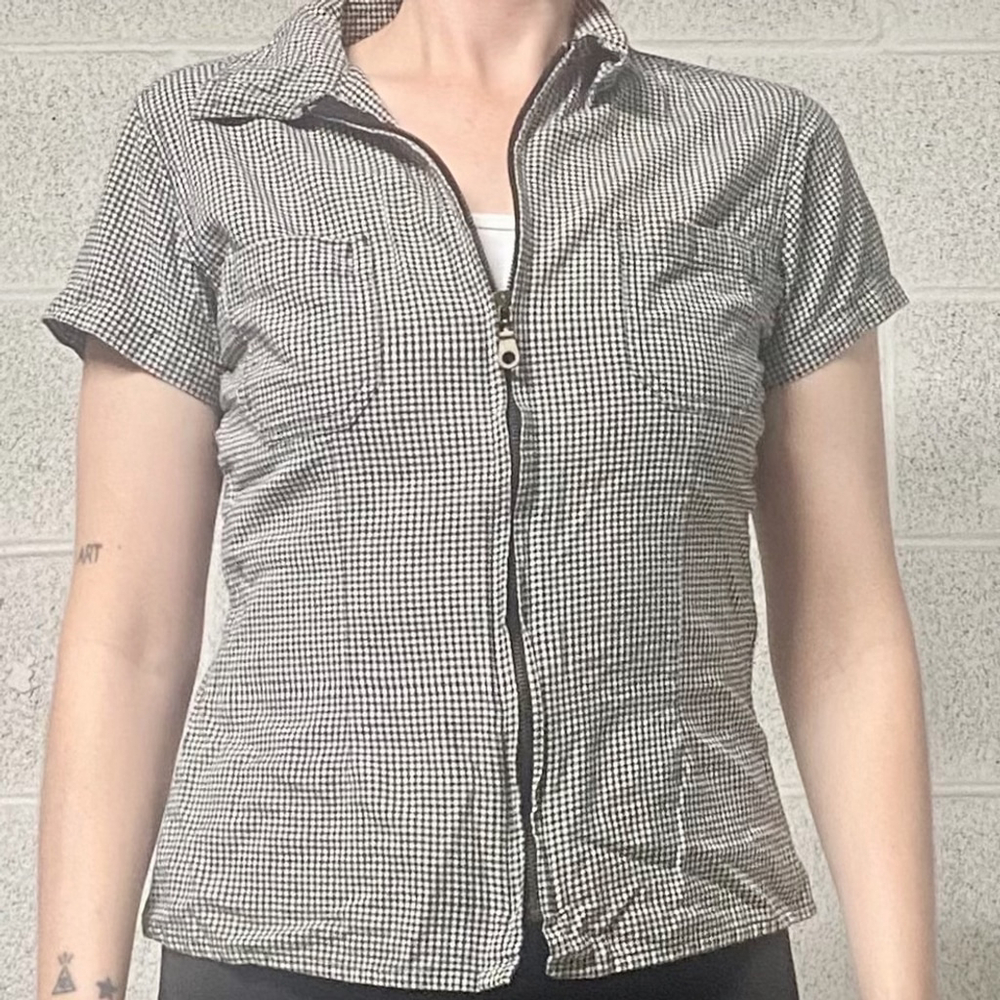 Vintage 100% Cotton Zip Front Collard Short Sleeve Top Size S